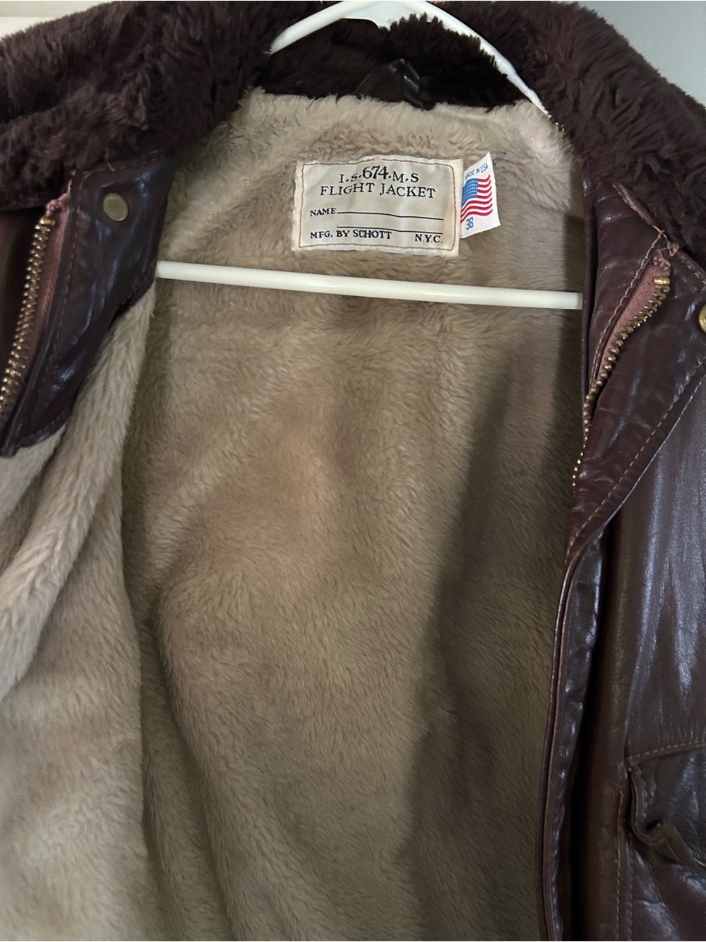 Vintage Schott Flight Jacket - Brown Shearling-Lined Bomber - Picture 2 of 4